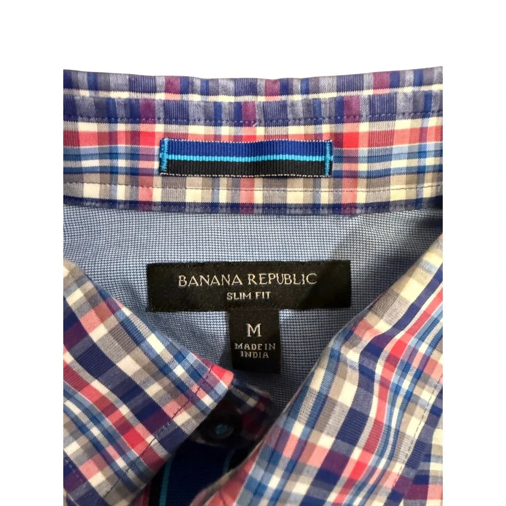 Banana Republic Mens Slim Fit Plaid‎ Button Down Shirt Blue Red White Medium